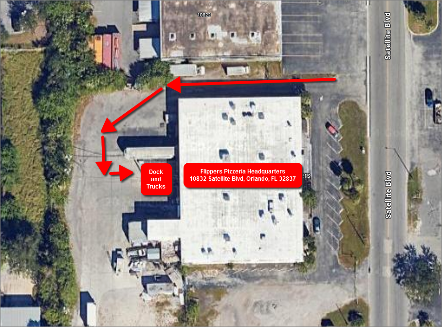 Directions to the rear of the Flippers Orlando building